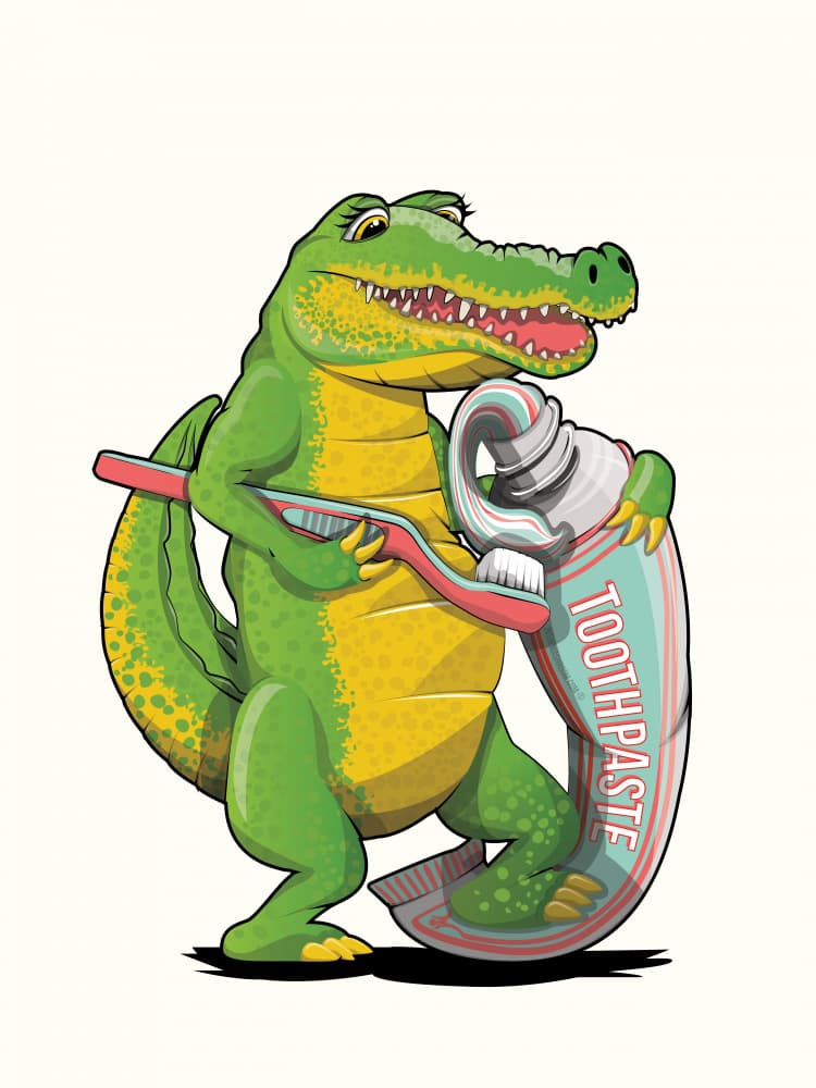 Happy Alligator Brushes Teeth by In The Washroom — canvas wall art