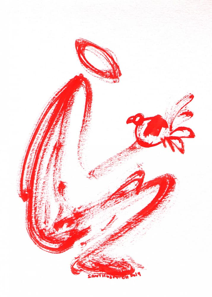 Red Figure Holding Bird by Santhosh ch — canvas wall art