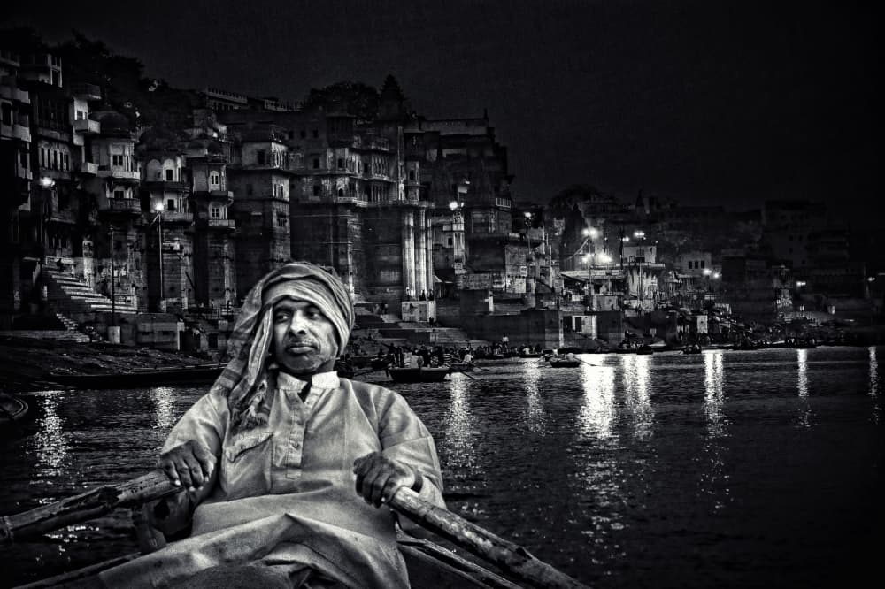 Varanasi Boatman Night by Piet Flour — canvas wall art