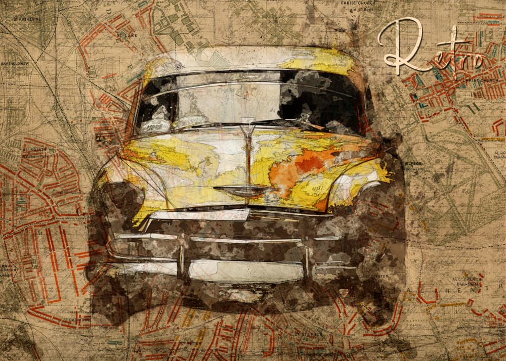 Retro Car City Map by Lembayung senja studio [Vintage Poster] — canvas wall art