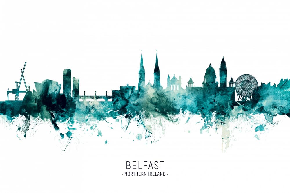 Belfast Watercolor Skyline by Michael Tompsett — canvas wall art