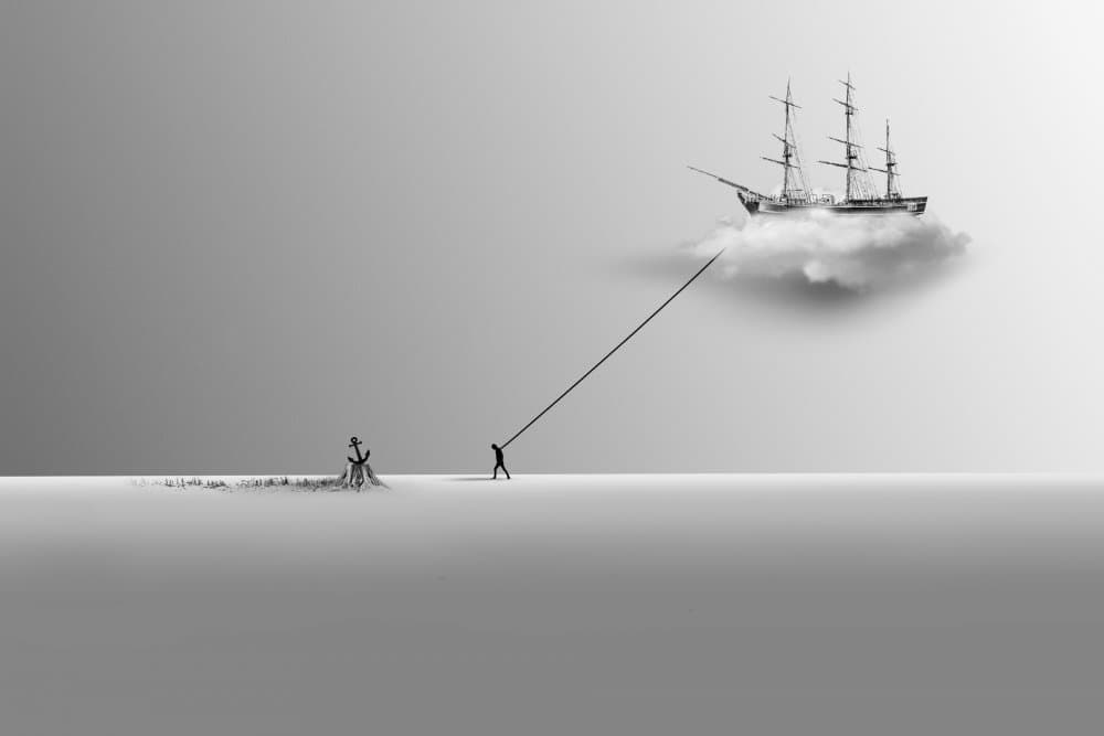 Man Pulling Cloud Ship by Hadi Malijani (Malenjani) — canvas wall art