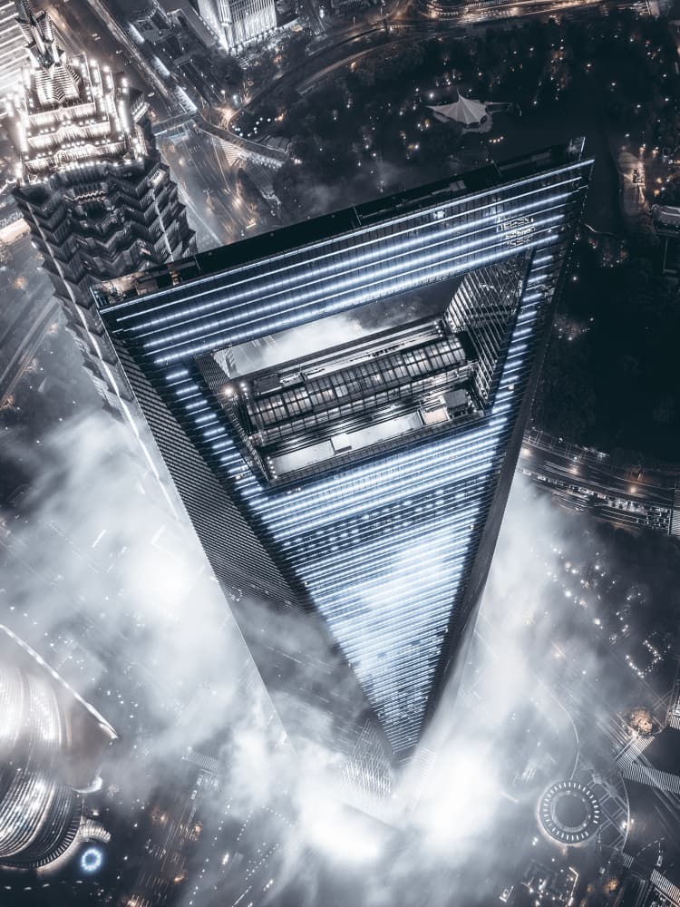 Triangular Night Skyscraper by Aron Tien — canvas wall art