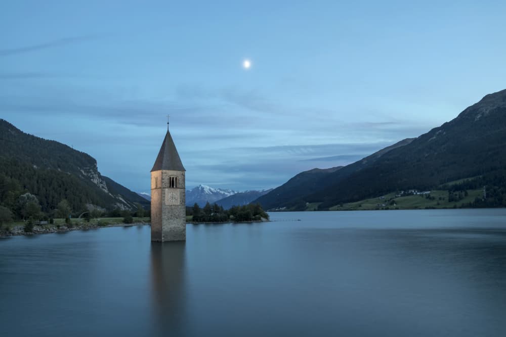 Twilight Lake Tower Moon by Emanuela Sol — canvas wall art