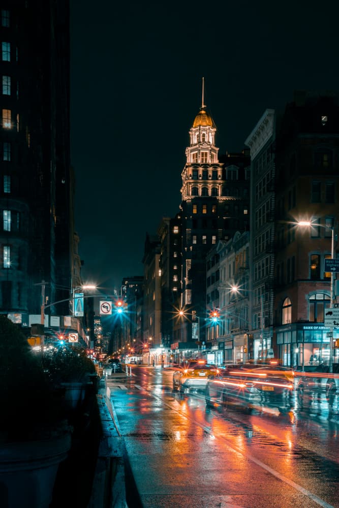 Wet City Street Lights by Feijia Yu — canvas wall art