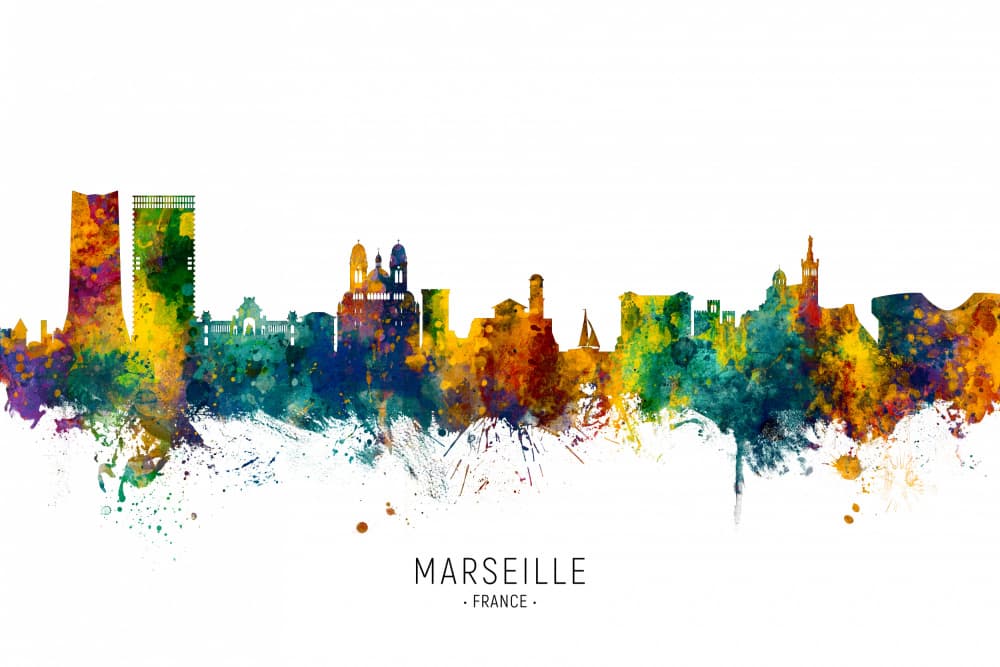 Marseille Watercolor Skyline by Michael Tompsett — canvas wall art
