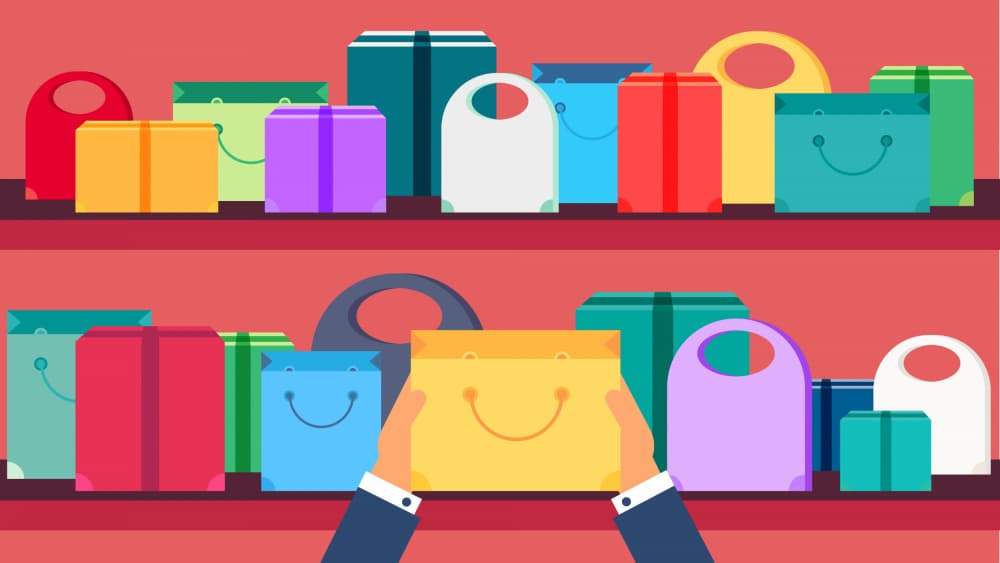 Happy Shopping Bags by Marika Barsrsind — canvas wall art