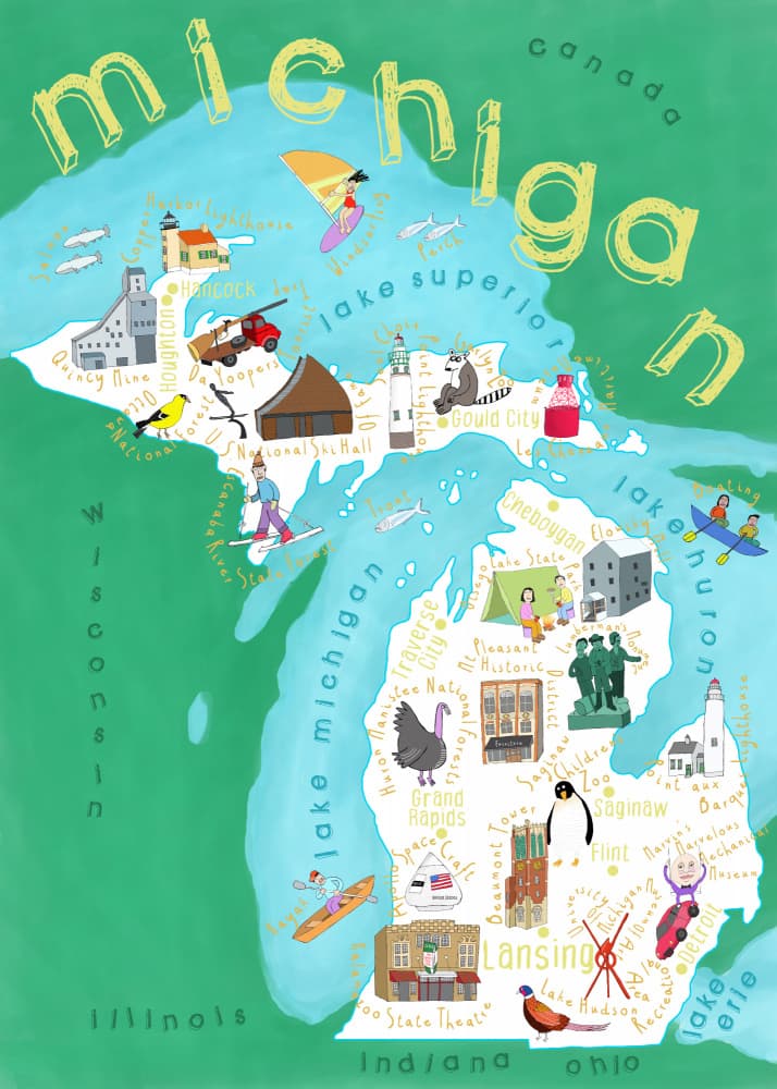Illustrated Michigan Map by Carla Daly — canvas wall art