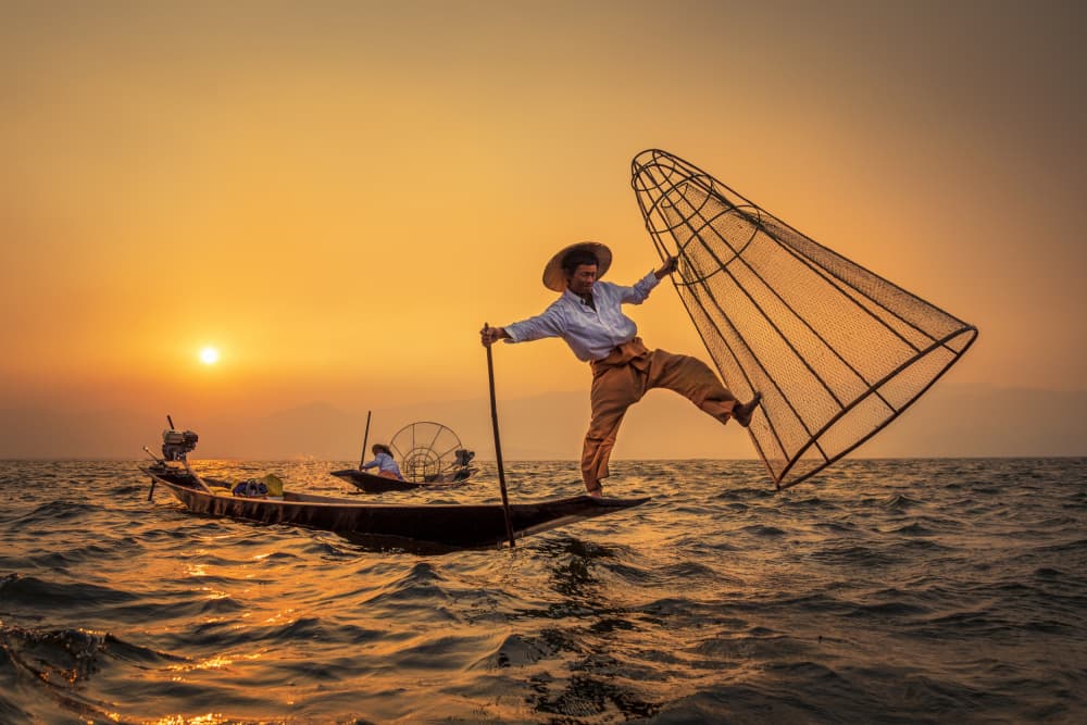 Inle Lake Fisherman Sunset by Mahendra Bakle — canvas wall art