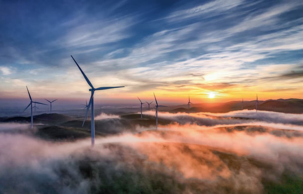 Misty Wind Farm Sunrise by Jenny Qiu — canvas wall art