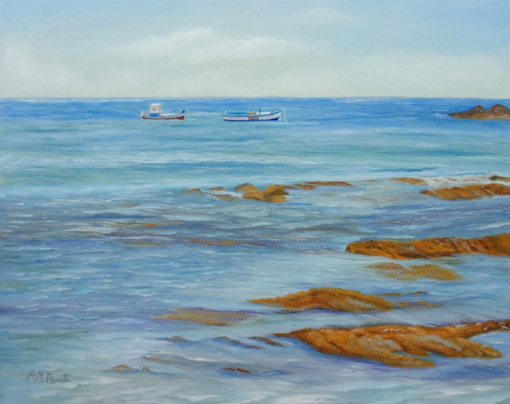 Coastal Boats and Rocks by Angeles M. Pomata — canvas wall art