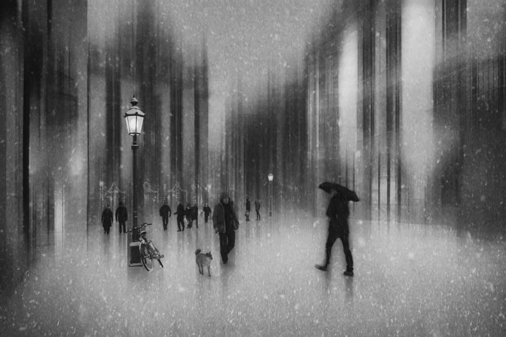 Snowy Urban Stroll by Roswitha Schleicher-Schwarz — canvas wall art