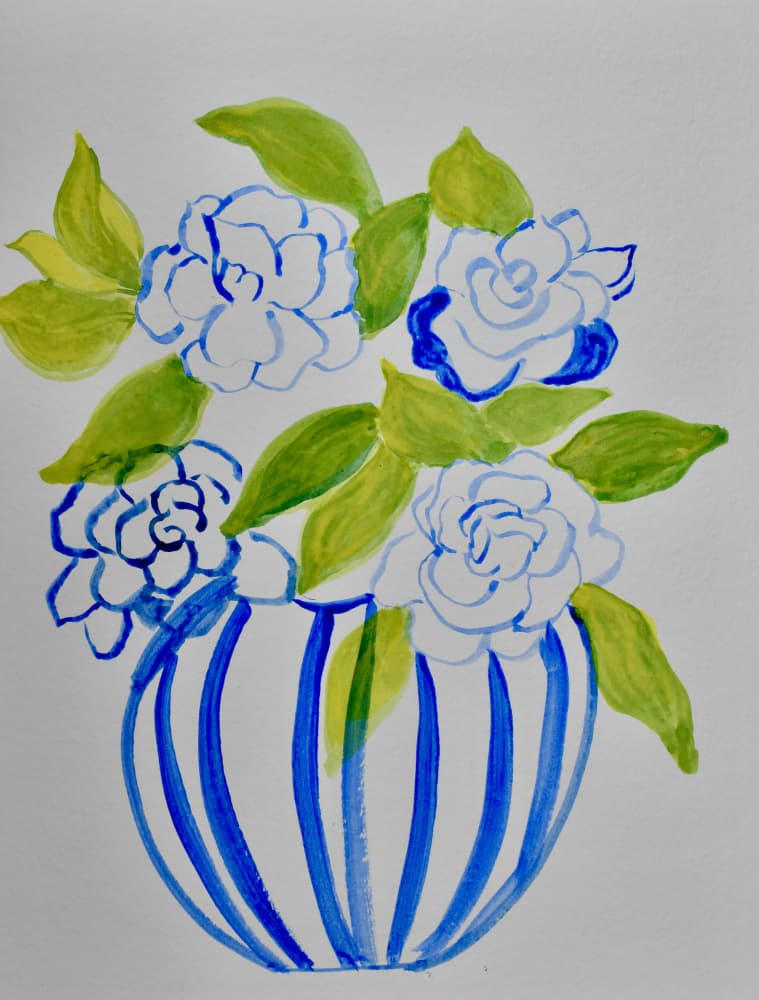 Blue Striped Vase Flowers by Iria Fernandez — canvas wall art