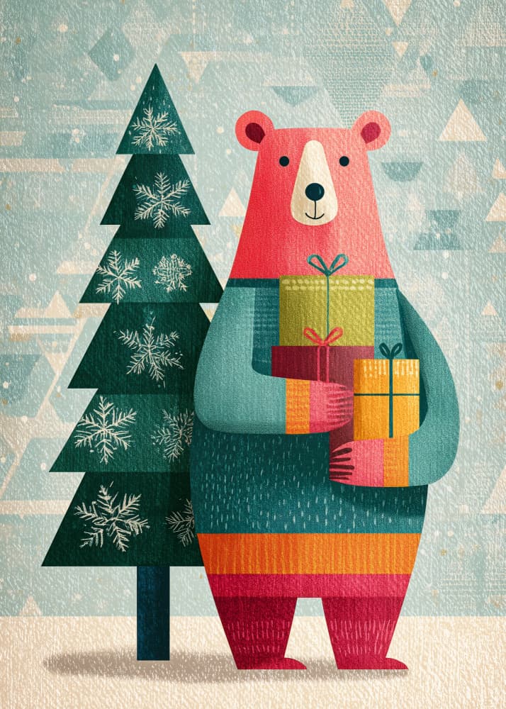 Festive Bear With Gifts by Justyna Jaszke — canvas wall art