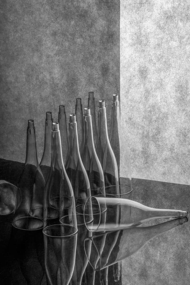 Monochrome Bottle Reflections by Brig Barkow — canvas wall art