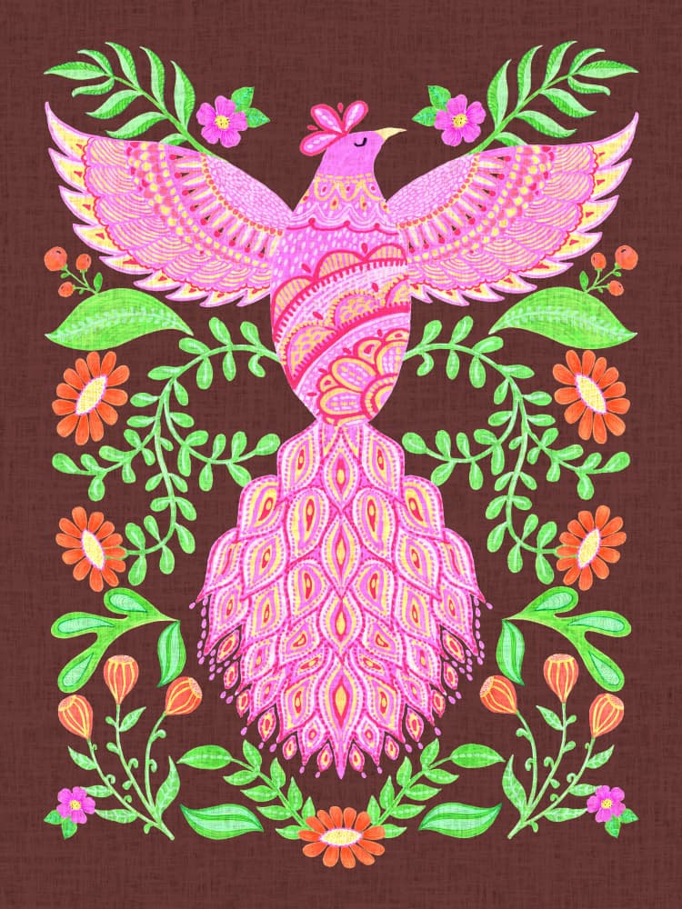 Colourful Whimsical Boho Folk Art Bird in vibrant pink and blue by Suchi Deb — canvas wall art