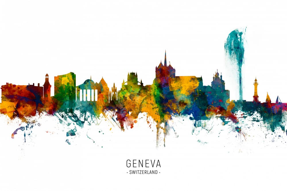 Geneva Watercolor Skyline by Michael Tompsett — canvas wall art