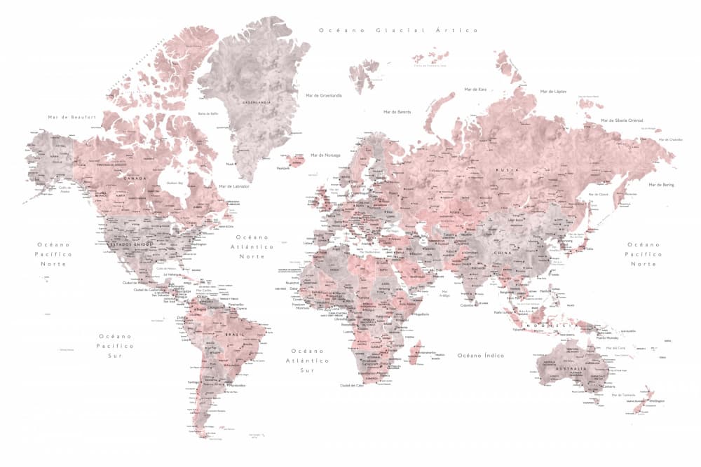 Blush Gray World Map by Rosana Laiz Blursbyai — canvas wall art