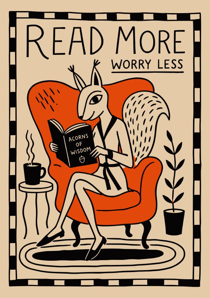 Cozy Reading Squirrel by Patryk Krygowski — canvas wall art