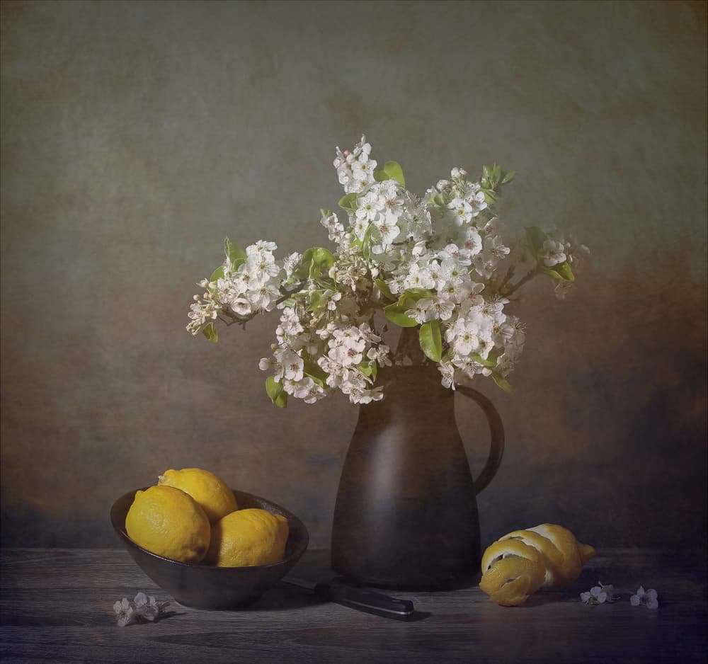 White Blooms and Lemons by Fangping Zhou — canvas wall art