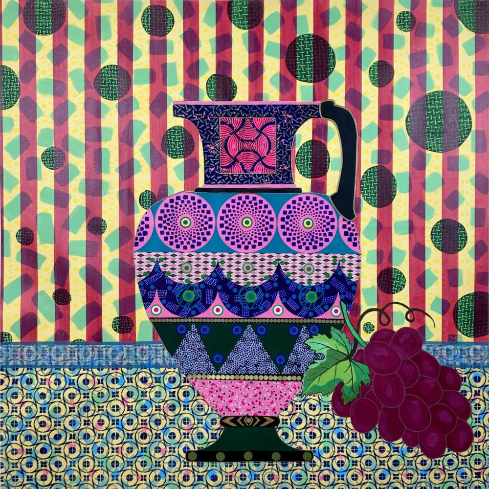 Colorful Jug and Grapes by David Galan — canvas wall art