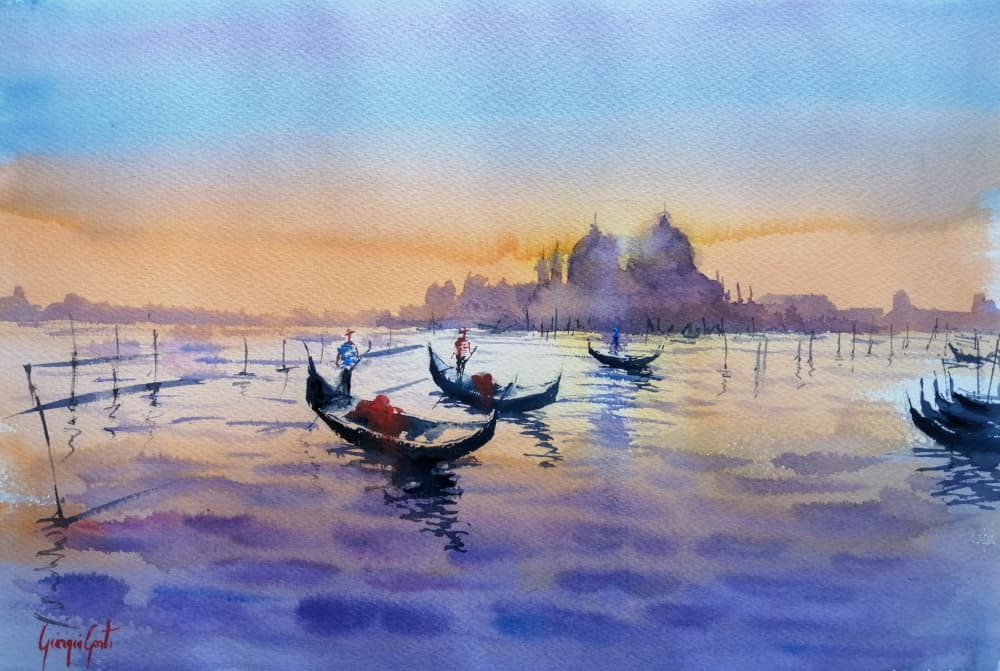 Venetian Gondolas Sunset by Giorgio Gosti — canvas wall art