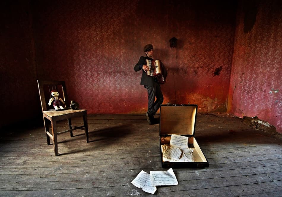 Melancholy Accordionist's Room by mario grobenski - psychodaddy — canvas wall art