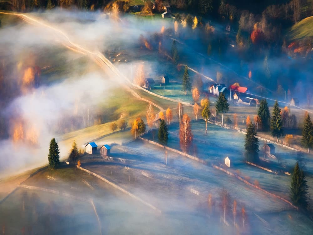 Misty Autumn Mountain Village by Sebastian Prioteasa — canvas wall art