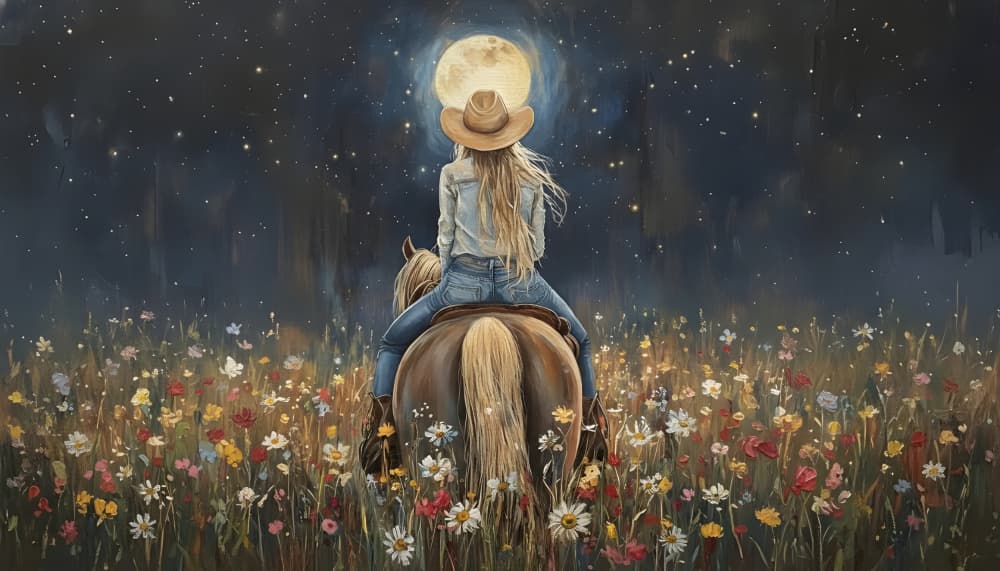 Moonlit Cowgirl In Flowers by HUGO — canvas wall art