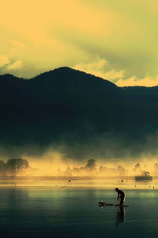Misty Golden Lake Morning by Jay Satriani — canvas wall art