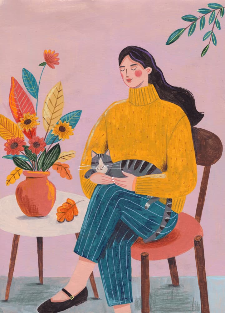 Woman with Cat and Autumn Bouquet by Caroline Bonne Müller — canvas wall art