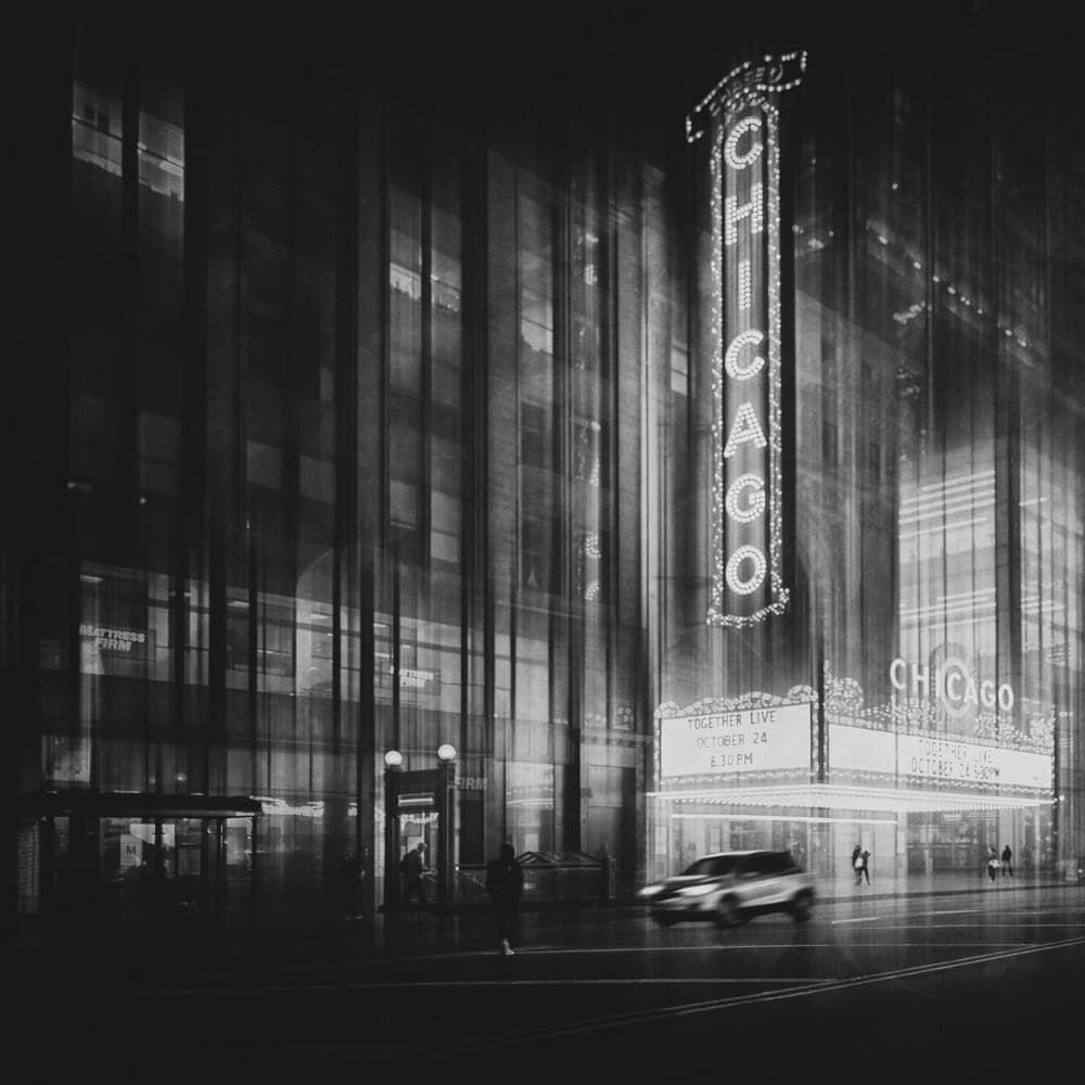 Chicago Theatre City Night by Roswitha Schleicher-Schwarz — canvas wall art