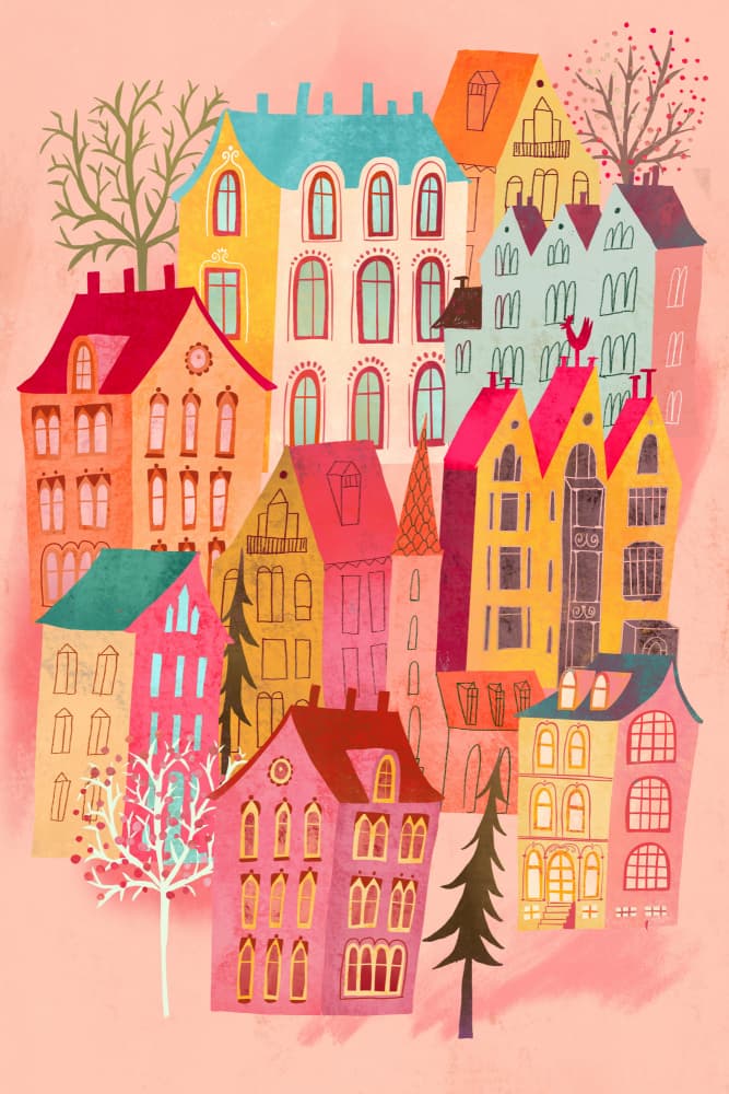 Vibrant Storybook Town by uta krogmann — canvas wall art