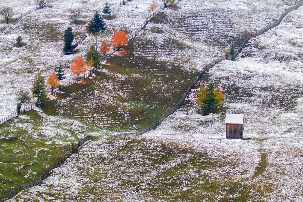 Autumn Hills First Snow by Marina Sveduneac — canvas wall art