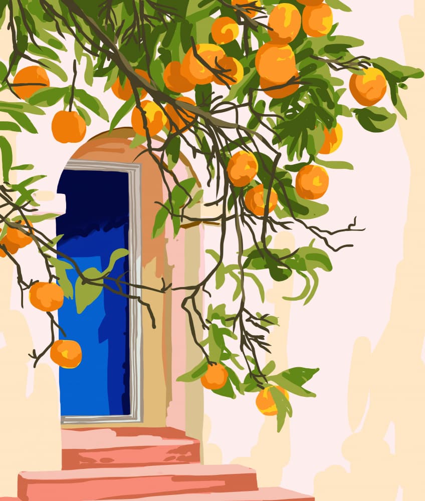 Mediterranean Archway Oranges by Uma Gokhale — canvas wall art