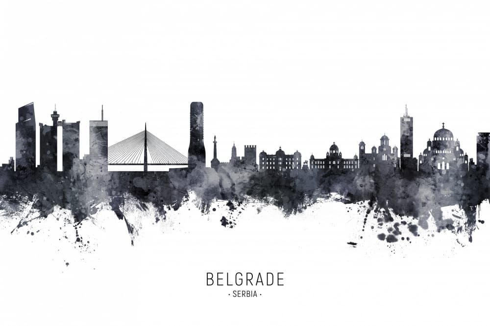 Belgrade City Skyline Watercolor by Michael Tompsett — canvas wall art