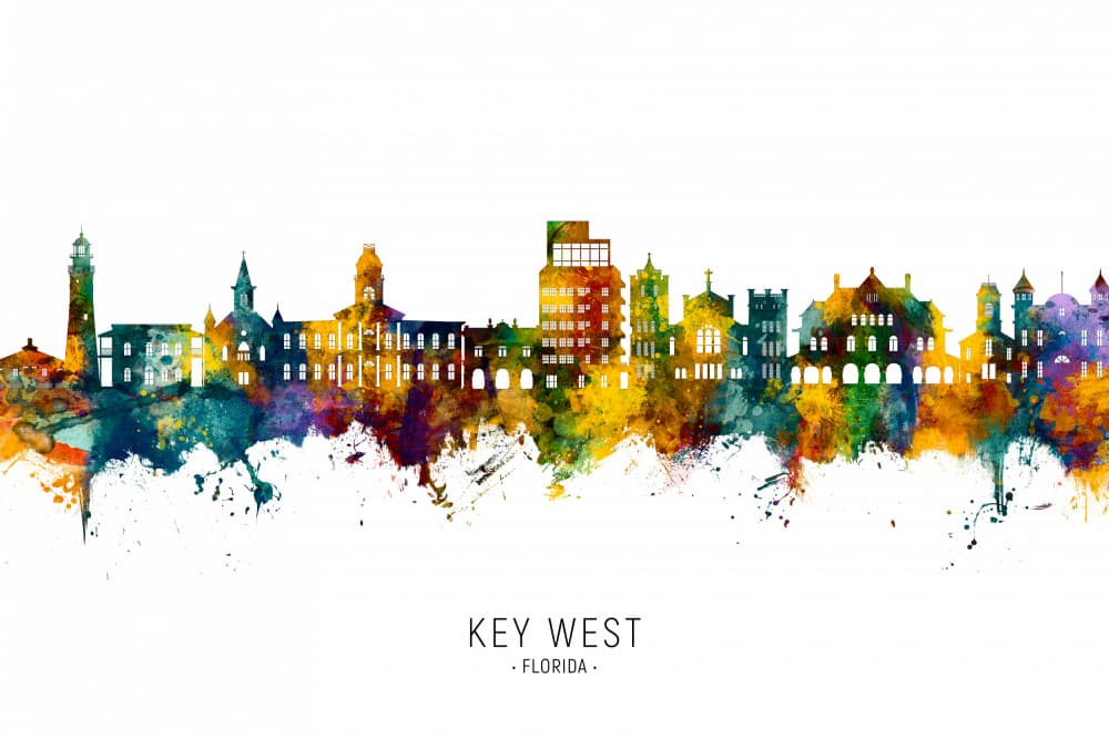 Key West Watercolor Skyline by Michael Tompsett — canvas wall art