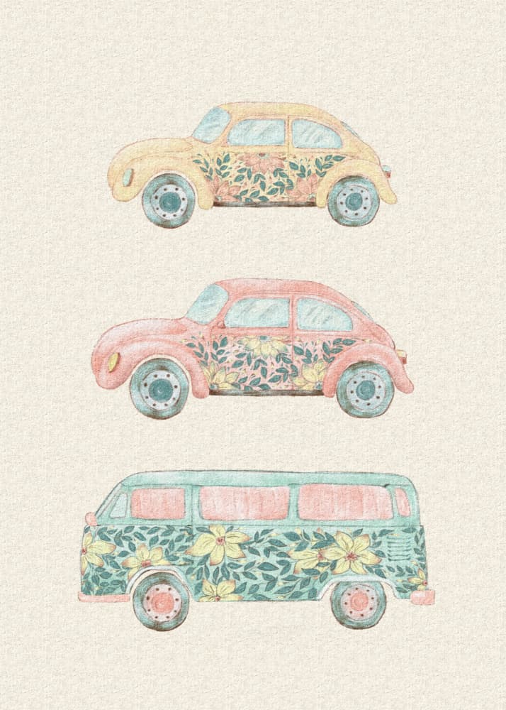 Floral Retro Cars by Olena Kovalova — canvas wall art