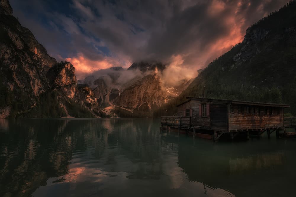 Dolomites Boathouse Sunset by David Martin Castan — canvas wall art