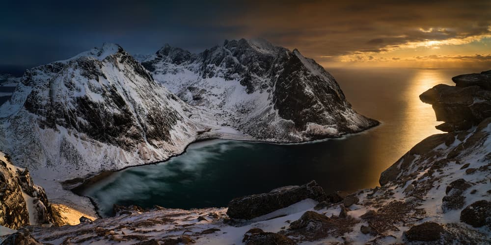 Snowy Mountain Bay Sunset by Wojciech Kruczynski — canvas wall art