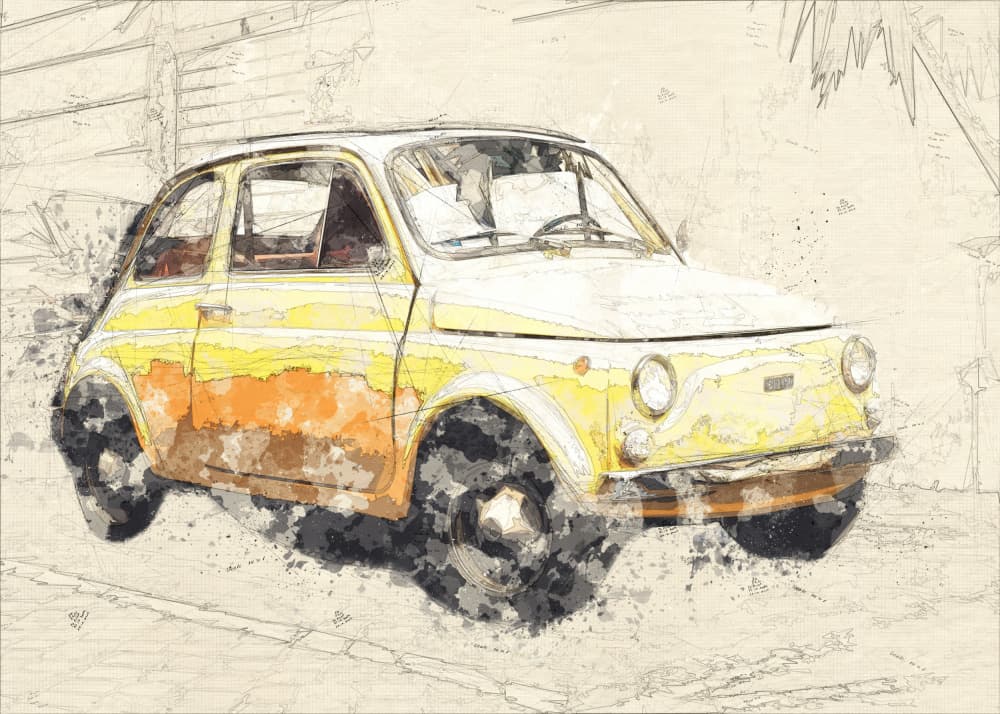 yellow old car by Lembayung senja studio [Vintage Poster] — canvas wall art