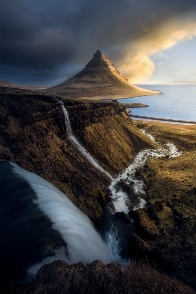 Mountain Waterfall Golden Light by Marian Kuric QEP — canvas wall art