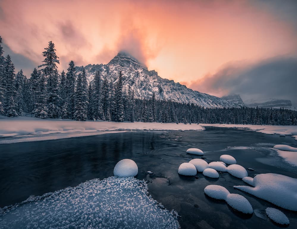 Snowy River Mountain Sunset by Yimei Sun — canvas wall art