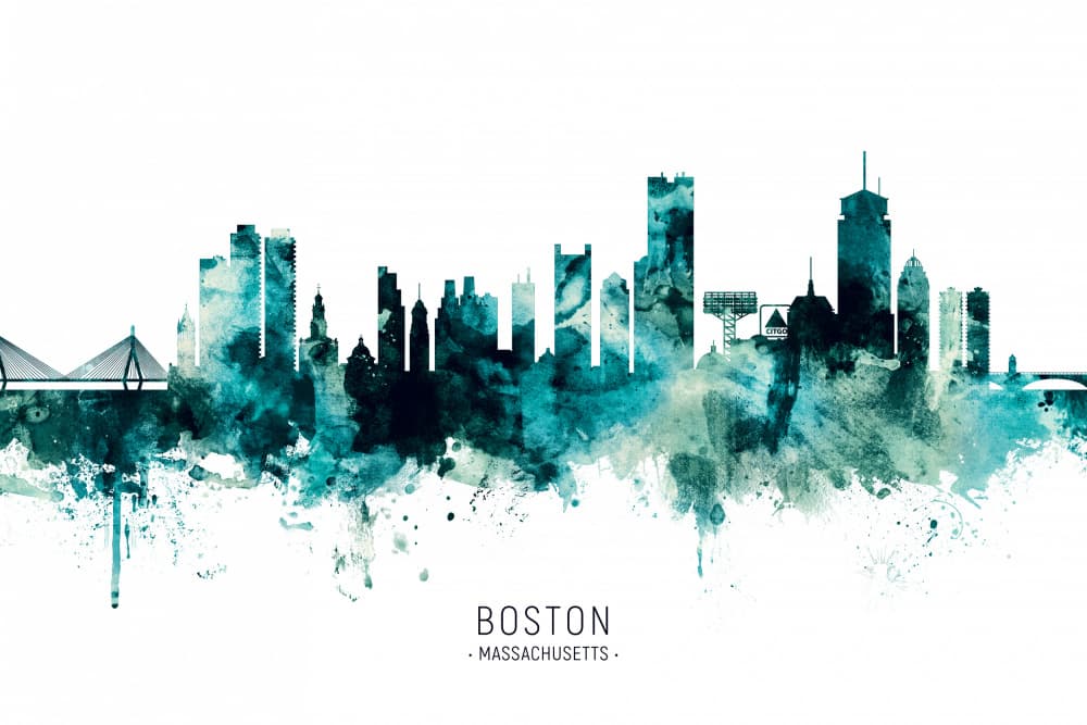 Boston Skyline Watercolor by Michael Tompsett — canvas wall art