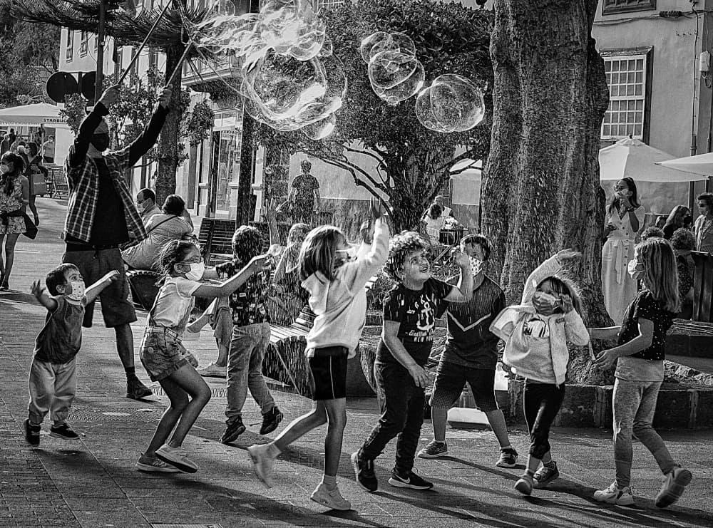 Joyful City Bubbles by Montserrat Alviani — canvas wall art