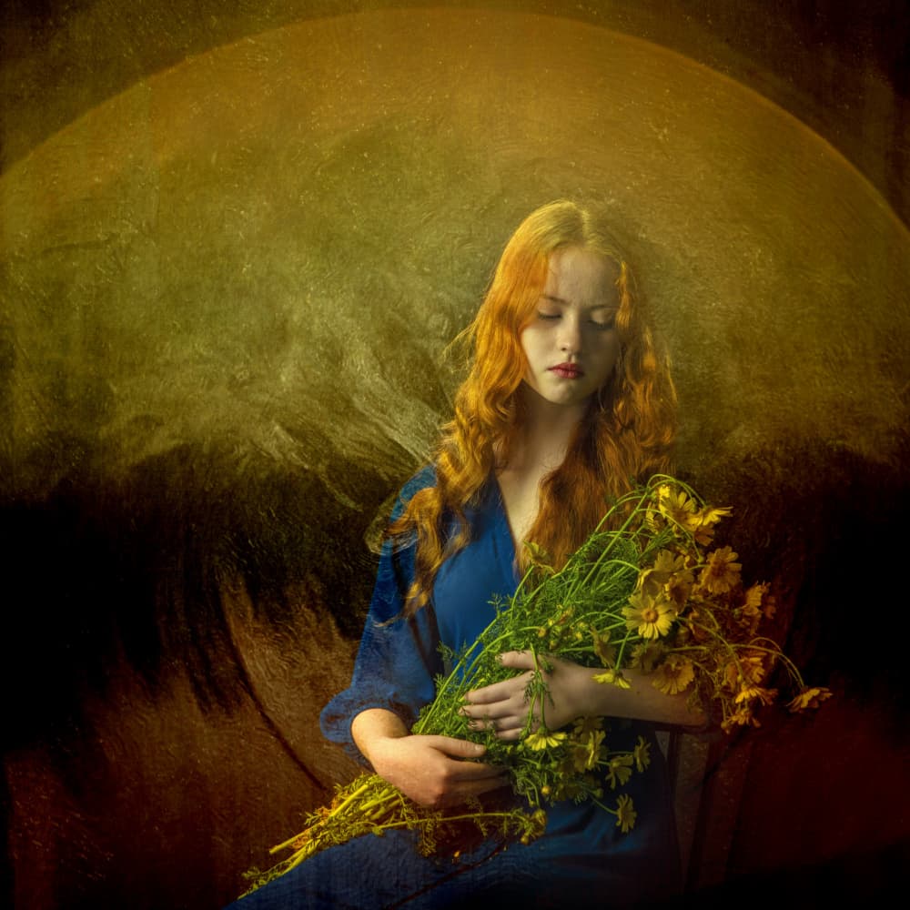 Contemplative Redhead With Flowers by Rachel Pansky — canvas wall art