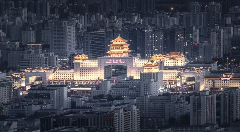 Illuminated Chinese Pagoda by Ran Shen — canvas wall art