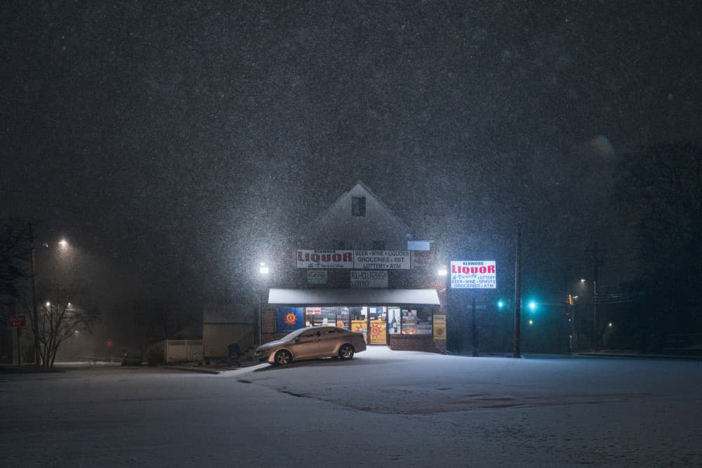 Snowy Liquor Store Night by Scott J. Pilla — canvas wall art