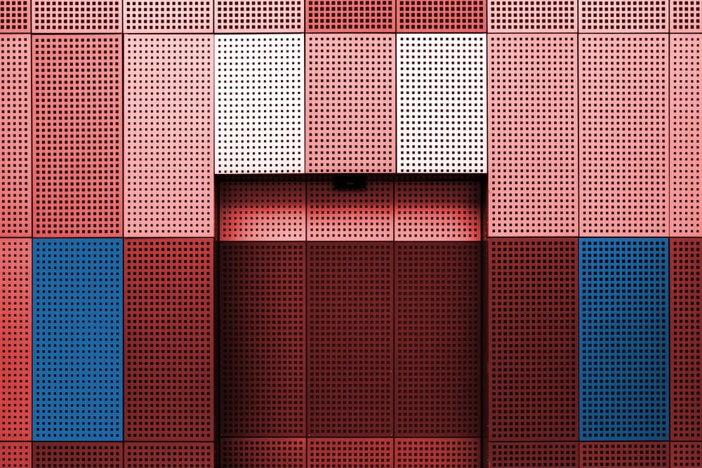 Geometric Red Blue Facade by Rolf Endermann — canvas wall art
