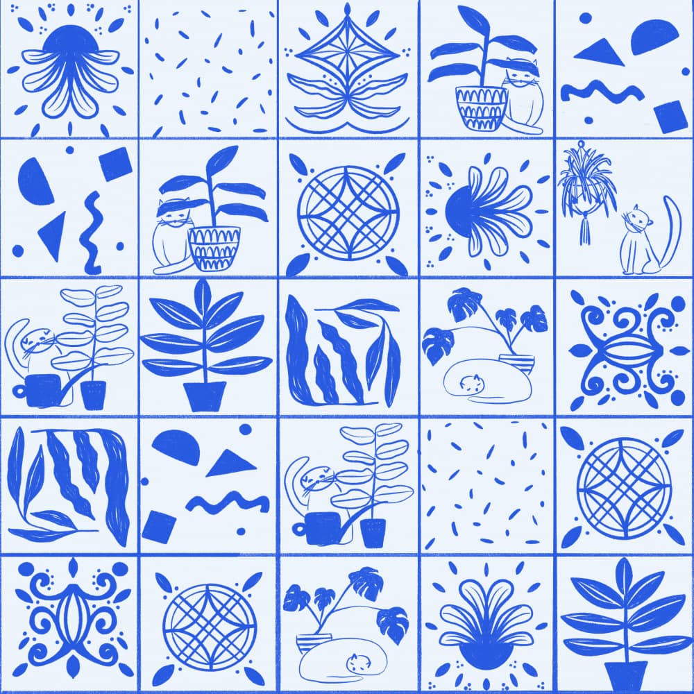Whimsical Blue Plant Tiles by Charlotte Trudgett — canvas wall art